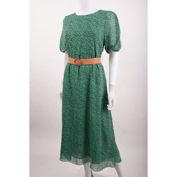 Zara Womans Maxi Dress Size L Green Navy White Specks Belted 9878/076 NWT - Picture 4 of 6